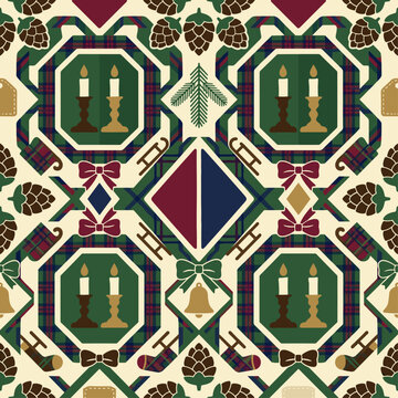 Festive Christmas Pattern with Candles and Pinecones.