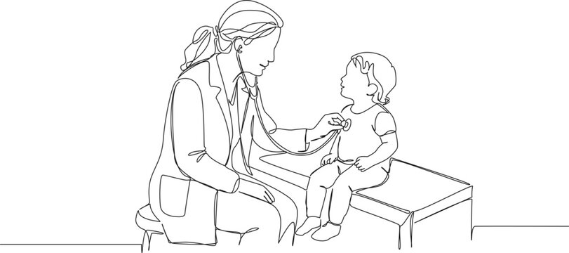continuous line drawing of female pediatrician examining toddler girl with stethoscope, medical concept, line art vector illustration