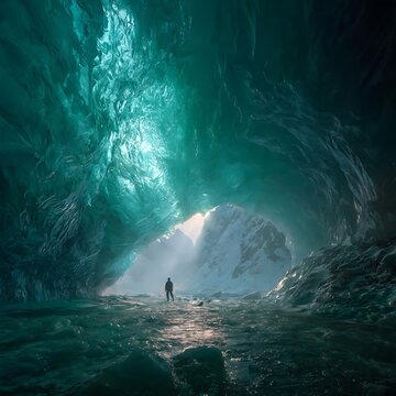 Lone explorer standing inside a majestic glowing turquoise ice cave.