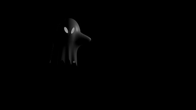 Dark grey ghost with glowing eyes floating on black background