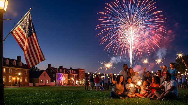 A happy family enjoys an independence day celebration with a massive firework display and sparklers in a patriotic night setting