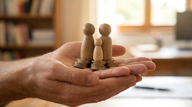 Hands holding wooden figurines on coins family business