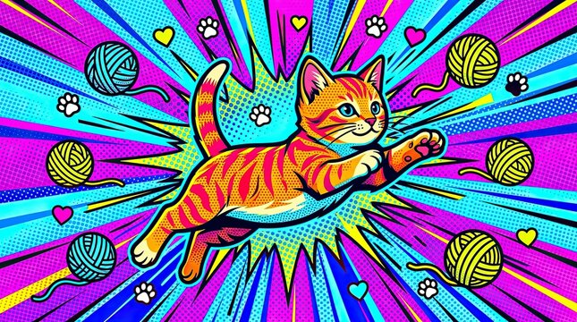 Vibrant pop art illustration featuring a playful orange tabby cat jumping with yarn balls