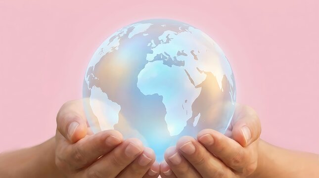Hands holding glowing transparent globe with map