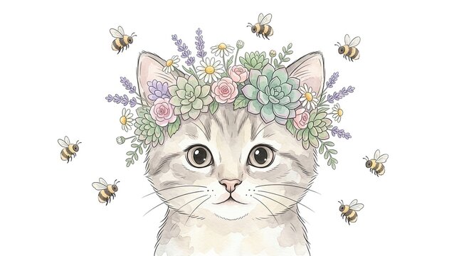 Adorable tabby kitten wearing a floral crown surrounded by flying bumblebees watercolor illustration