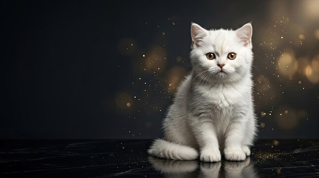 Elegant white kitten sitting gracefully against dark background with golden dust particles floating around