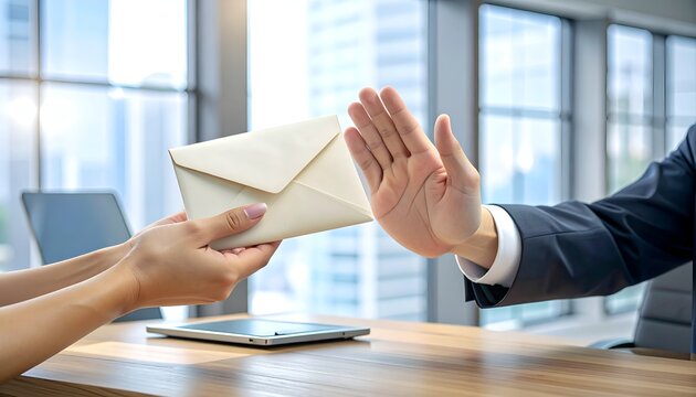 Office worker refusing an envelope during a business meeting, illustrating anti-corruption policy, ethical conduct, bribery prevention, and corporate integrity.