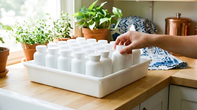 Hand reaching for white bottles on a tray kitchen