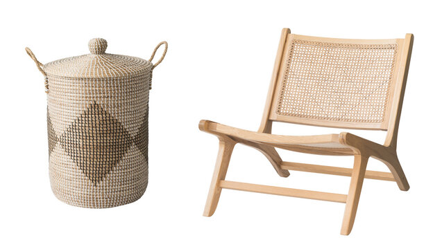 Wooden chair and wicker basket isolated transparent PNG, armchair furniture and beautiful basket - isolated design elements for modern boho home design interior.
