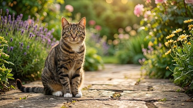 Tabby cat sitting calmly along a stone garden path surrounded by blooming flowers at sunset