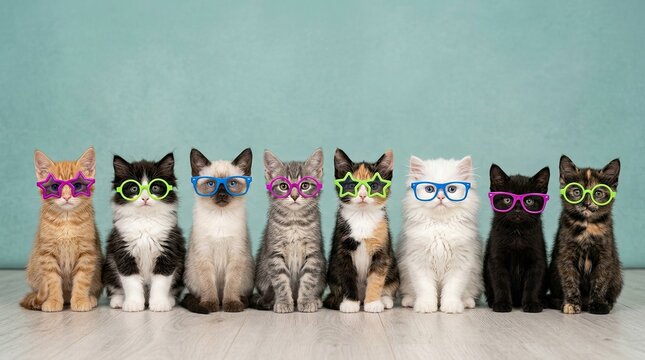 Group of eight adorable diverse kittens wearing colorful plastic toy glasses against teal background
