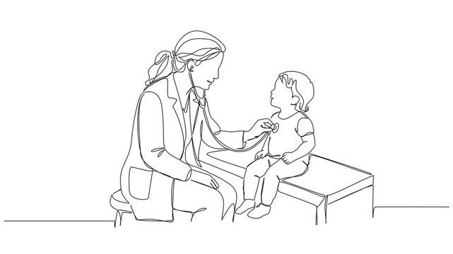 animated continuous line drawing of female pediatrician examining toddler girl with stethoscope, medical concept, line art animation