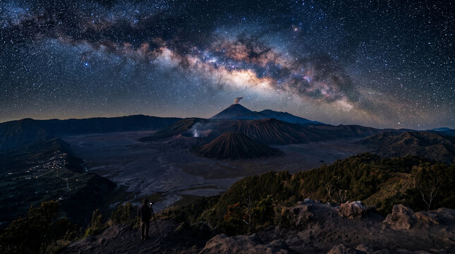 Breathtaking night view of Mount Bromo volcanic landscape under a starry Milky Way galaxy sky.