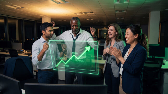 Excited team celebrating rising profits shown on a glowing green chart hologram