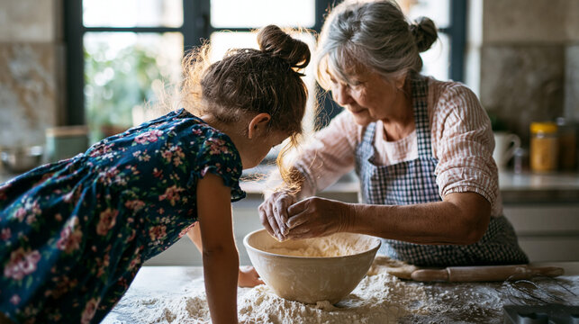 Older woman and young girl mixing ingredients in a bowl together at a flour-covered kitchen table in a bright rustic home interior.