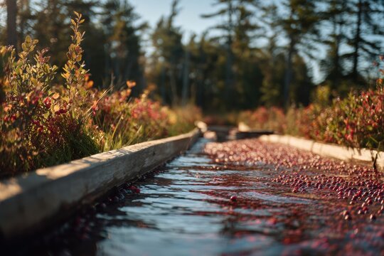 Cranberries floating in a water flume during harvest in a bog. Agricultural process of collecting red berries in a flooded field. Seasonal farming activity in autumn environment.