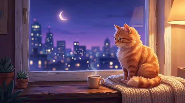 Ginger cat sitting beside steaming coffee mug looking out at nighttime city skyline view