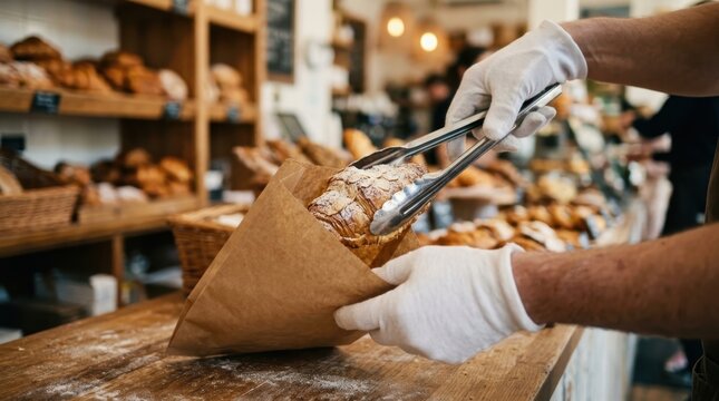 Bakery worker putting fresh almond croissant in paper bag for customer