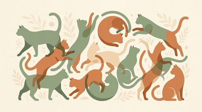 Abstract minimalist cat pattern featuring layered feline silhouettes in earthy tones