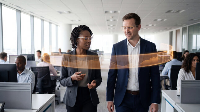 Two colleagues walking through an office while viewing a glowing data ribbon hologram