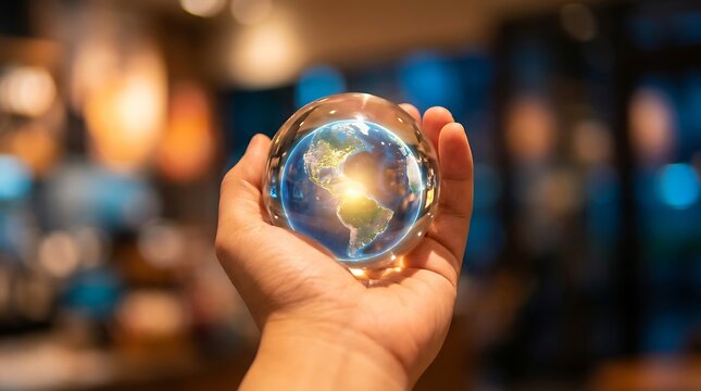 Hand holding crystal ball with earth inside globe sphere