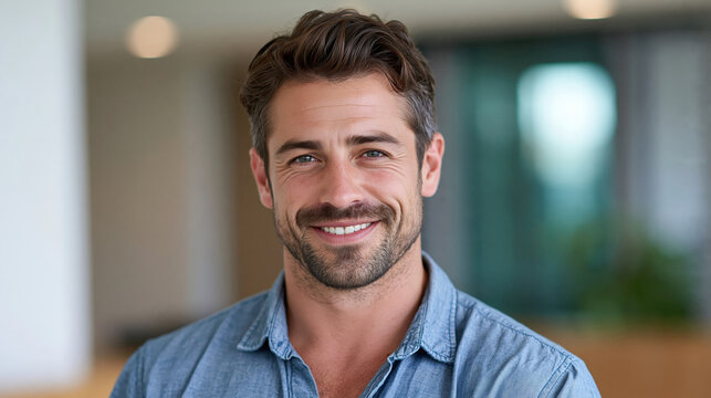 Confident handsome man smiling in casual blue shirt in modern office environment