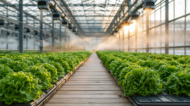 Modern commercial greenhouse interior with rows of fresh green lettuce plants growing in hydroponic system at sunset
