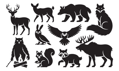 Obraz premium Set of black silhouette featuring various forest animals including a deer, doe, bear, fox, owl, squirrel, raccoon, and moose, with one owl sitting by a campfire with logs