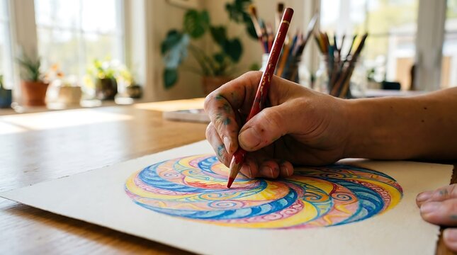 Hand colorful mandala with red pencil paper