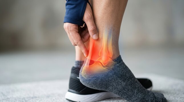 Ankle pain concept showing inflammation in human foot and Achilles tendon