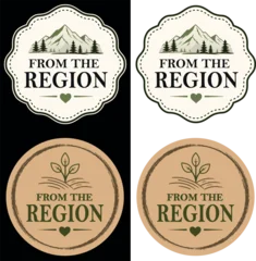 Aus der Region - Siegel Set – Rustikale Embleme für Hofladen und Bio Produkte mit Bergen, Tannen und Pflanze Symbol © djdarkflower
