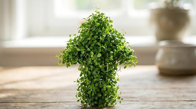 Green plant shaped like an arrow on wooden table arrow shape