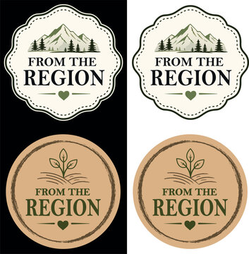Aus der Region - Siegel Set &ndash; Rustikale Embleme f&uuml;r Hofladen und Bio Produkte mit Bergen, Tannen und Pflanze Symbol