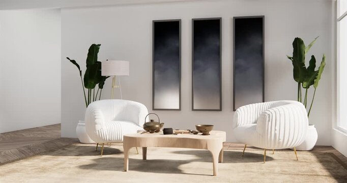 sofa and decoration japanese on Modern room interior wabisabi style.3D rendering