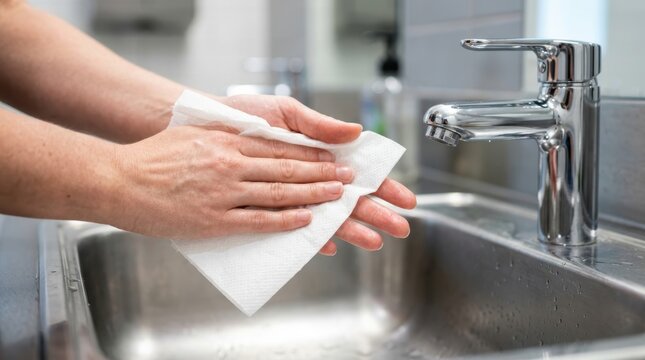 Person drying hands with paper towel in bathroom sink faucet