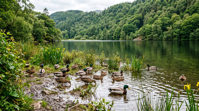 Grupo de patos aliment&aacute;ndose junto a la orilla de un lago rodeado de &aacute;rboles y vegetaci&oacute;n. Escena natural de fauna silvestre en un entorno tranquilo y verde.
