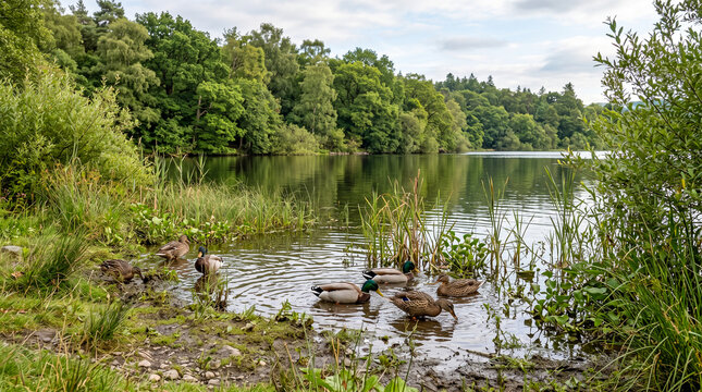 Grupo de patos aliment&aacute;ndose junto a la orilla de un lago rodeado de &aacute;rboles y vegetaci&oacute;n. Escena natural de fauna silvestre en un entorno tranquilo y verde.