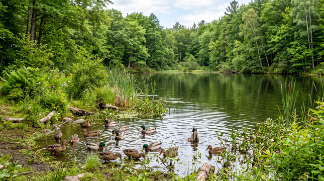 Grupo de patos aliment&aacute;ndose junto a la orilla de un lago rodeado de &aacute;rboles y vegetaci&oacute;n. Escena natural de fauna silvestre en un entorno tranquilo y verde.