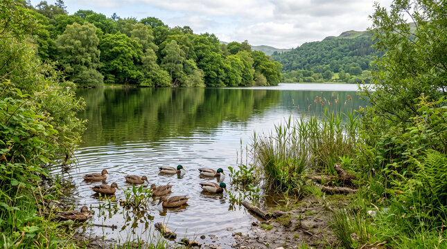 Grupo de patos aliment&aacute;ndose junto a la orilla de un lago rodeado de &aacute;rboles y vegetaci&oacute;n. Escena natural de fauna silvestre en un entorno tranquilo y verde.