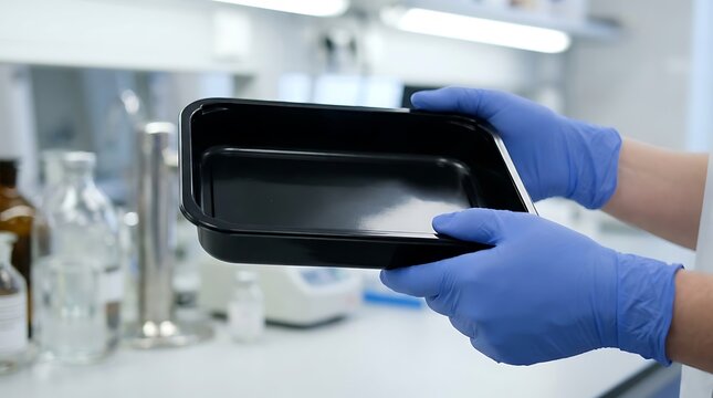 Gloved hands holding black plastic tray in laboratory