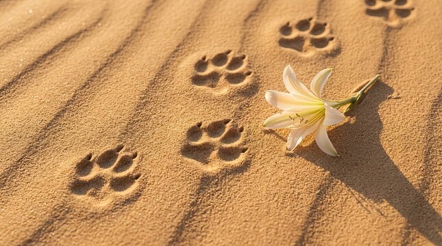Single white lily flower resting beside animal paw prints imprinted upon golden desert sand