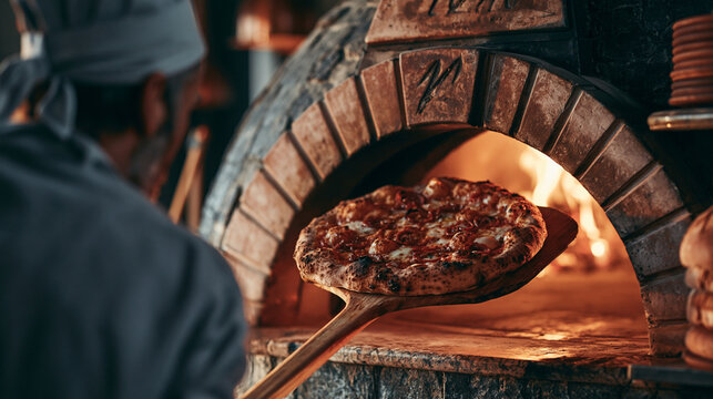 Pizza chef using a wooden peel to remove a freshly baked pizza from a glowing brick oven in a busy restaurant kitchen.