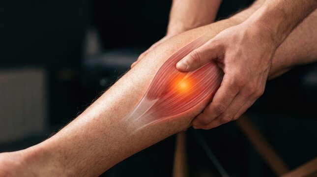 Calf muscle pain and anatomy illustration on human leg being treated