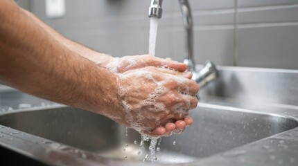 Fototapeta premium Man washing hands with soap and water under a faucet in a kitchen sink