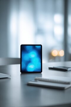 Tablet standing on office desk. Modern digital device with blue light screen display. Workspace with notebook for remote work and business communication technology innovation concept.