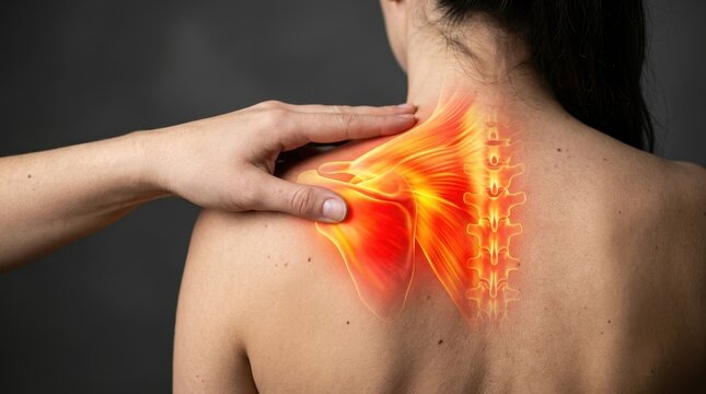 Woman experiencing shoulder pain with highlighted anatomy illustration