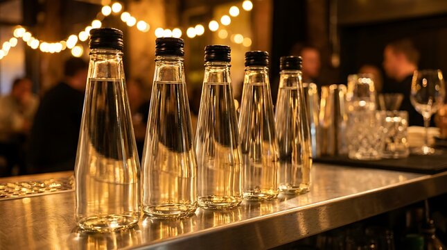 Clear glass bottles on metallic bar counter black caps