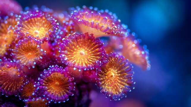 Macro bioluminescent coral polyps with glowing purple, pink and orange colors, Vibrant underwater marine life on a dark ocean background.