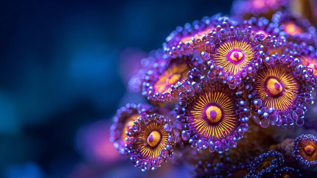 Macro bioluminescent coral polyps with glowing purple, pink and orange colors, Vibrant underwater marine life on a dark ocean background.