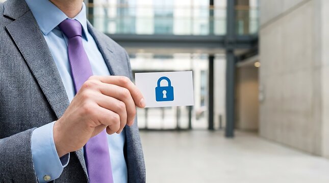 Businessman holding padlock on smartphone suit